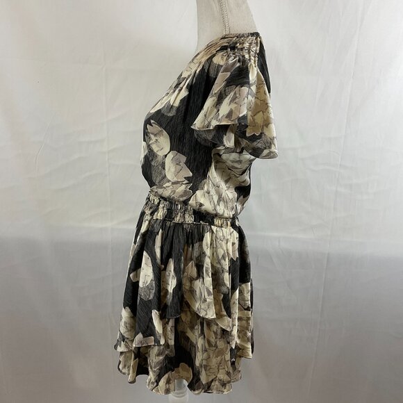 Halston Heritage Dress S Gray Cream Floral Elastic Waist Tiered Butterfly Sleeve - Picture 8 of 14